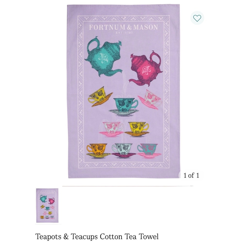 Fortnum & Mason Purple Cotton Tea Towel Teapots Teacups Kitchen NWT
